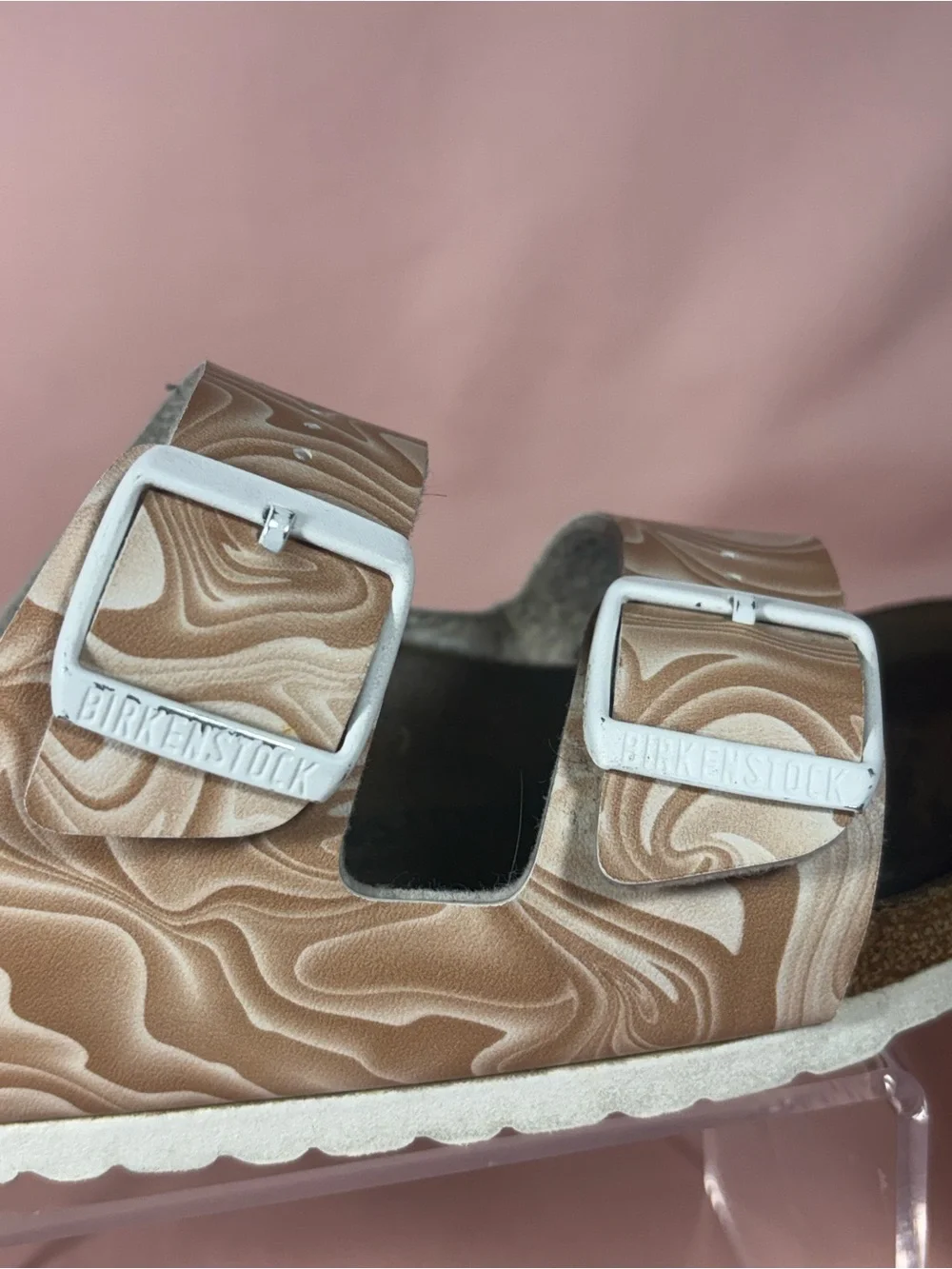 Birkenstock Arizona Birko-flor Marble Swirl Tan/White Sandals W's 38/US 7 - 7.5